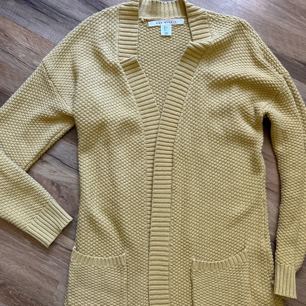 Max studios mustard yellow open front cardigan waffle knit large - Picture 1 of 5